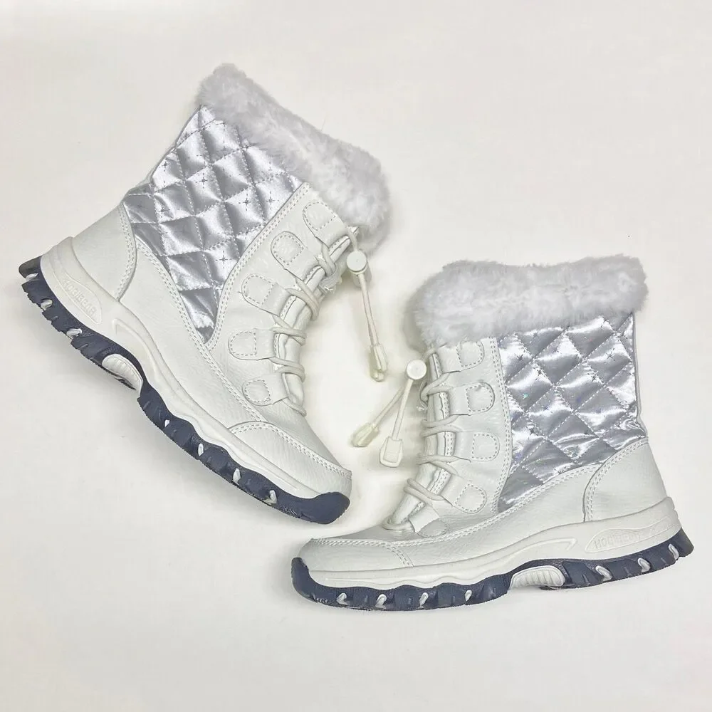 Hobibear Kids' Quilted Snow Boots Faux Fur Lined EU 36 US 4 White Silver Lace-up